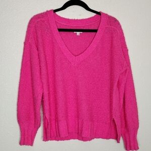 PILCRO Anthropologie Cotton Blend Hot Pink V-Neck Textured Sweater Women's XS